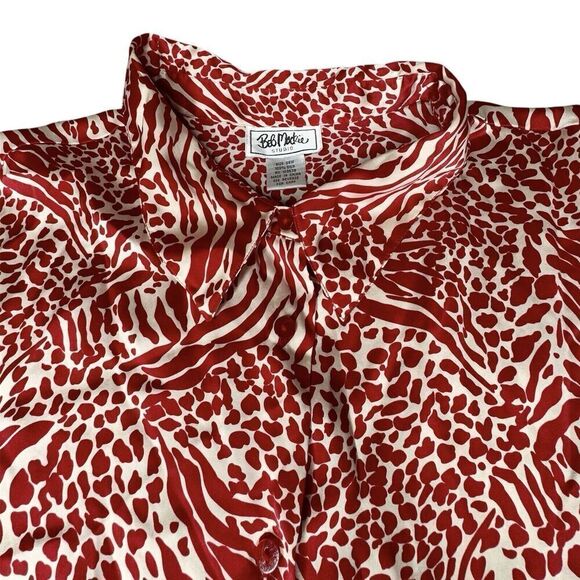 Vintage 26W Bob Mackie 100% SILK BLOUSE Red & White Animal Print Zebra Button - Picture 1 of 14
